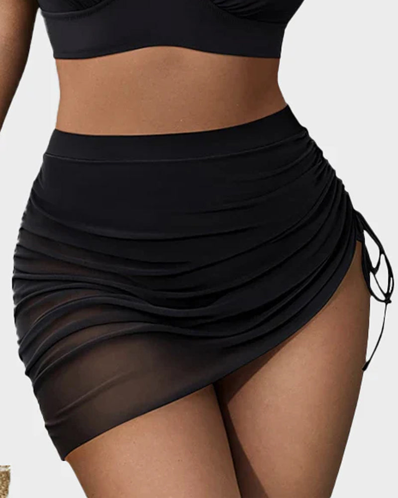 Mesh High Waisted Tummy Control Sarong Wraps Bikini Set SheCurve