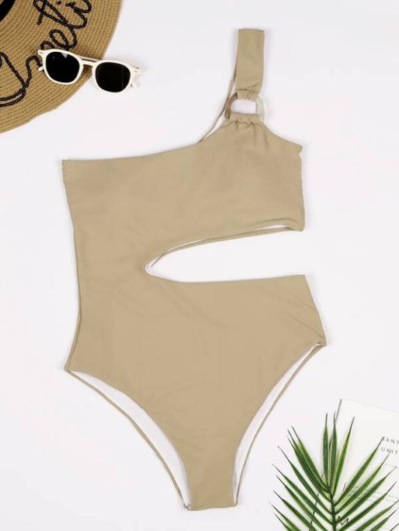 Sexy one shoulder swimsuit one piece Cut out beige swimwear women Monokini Ring bathing suit one piece suit Plus Size