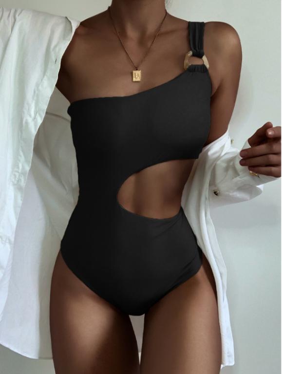 Sexy one shoulder swimsuit one piece Cut out beige swimwear women Monokini Ring bathing suit one piece suit Plus Size