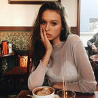 Sexy Sheer Mesh T shirt Women Long-Sleeved Bright Silk Bottoming Shirt Top Bella Mia