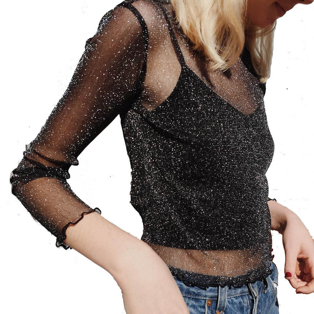 Sexy Sheer Mesh T shirt Women Long-Sleeved Bright Silk Bottoming Shirt Top Bella Mia
