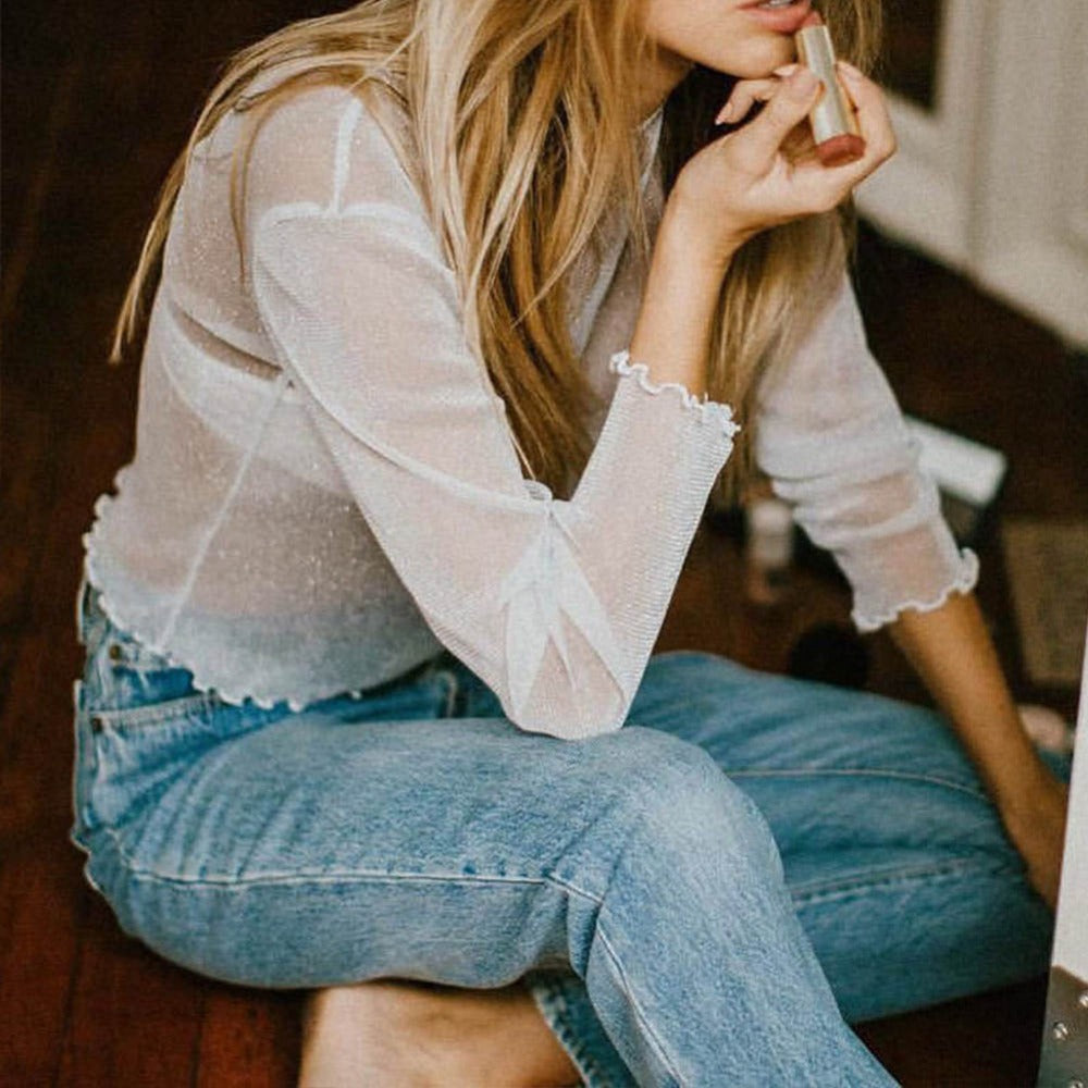 Sexy Sheer Mesh T shirt Women Long-Sleeved Bright Silk Bottoming Shirt Top Bella Mia