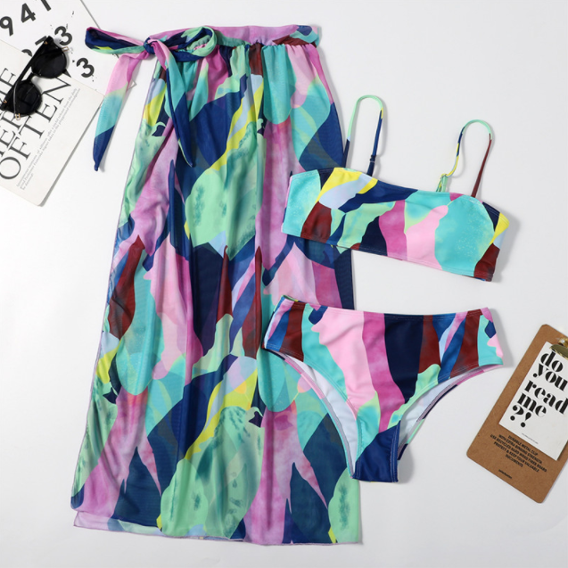 Bandeau High waist Color block Print Skirts 3 piece swimset Elegant bikini swimsuit women swimwear Women bathing suit Bella Mia