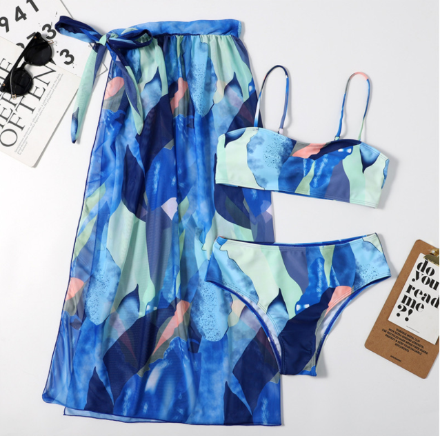 Bandeau High waist Color block Print Skirts 3 piece swimset Elegant bikini swimsuit women swimwear Women bathing suit Bella Mia