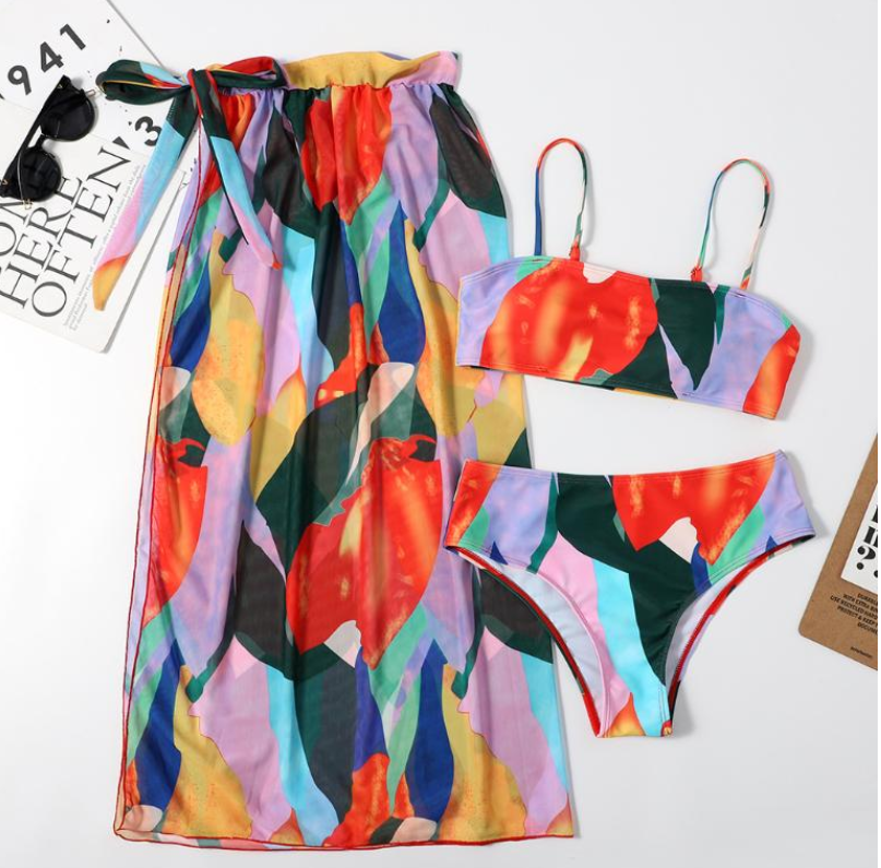 Bandeau High waist Color block Print Skirts 3 piece swimset Elegant bikini swimsuit women swimwear Women bathing suit Bella Mia