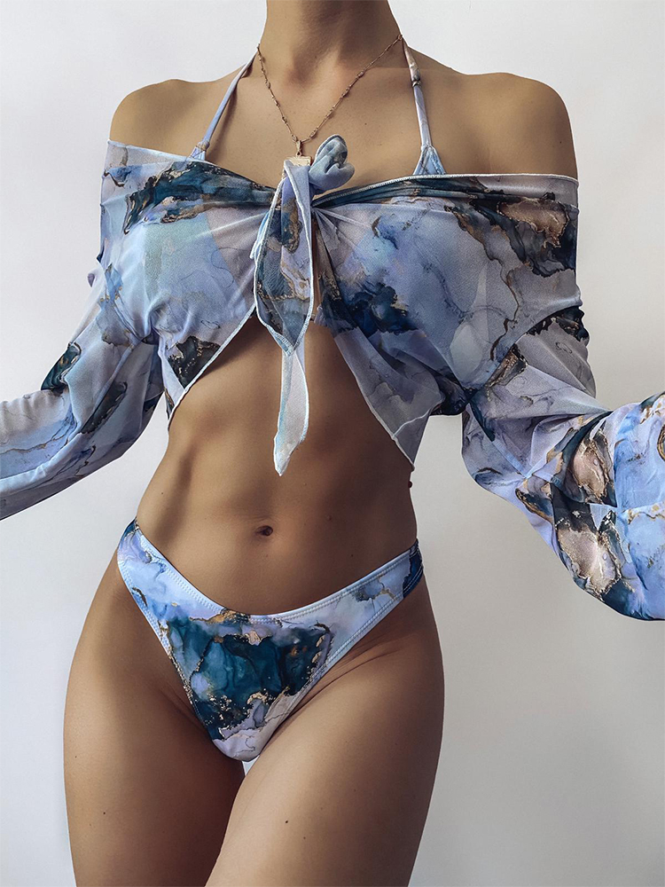 Sexy marble print bikini set 3 piece swimsuit mesh long sleeve swimsuit High cut swimwear women String halter micro bikini Beach wear Bella Mia