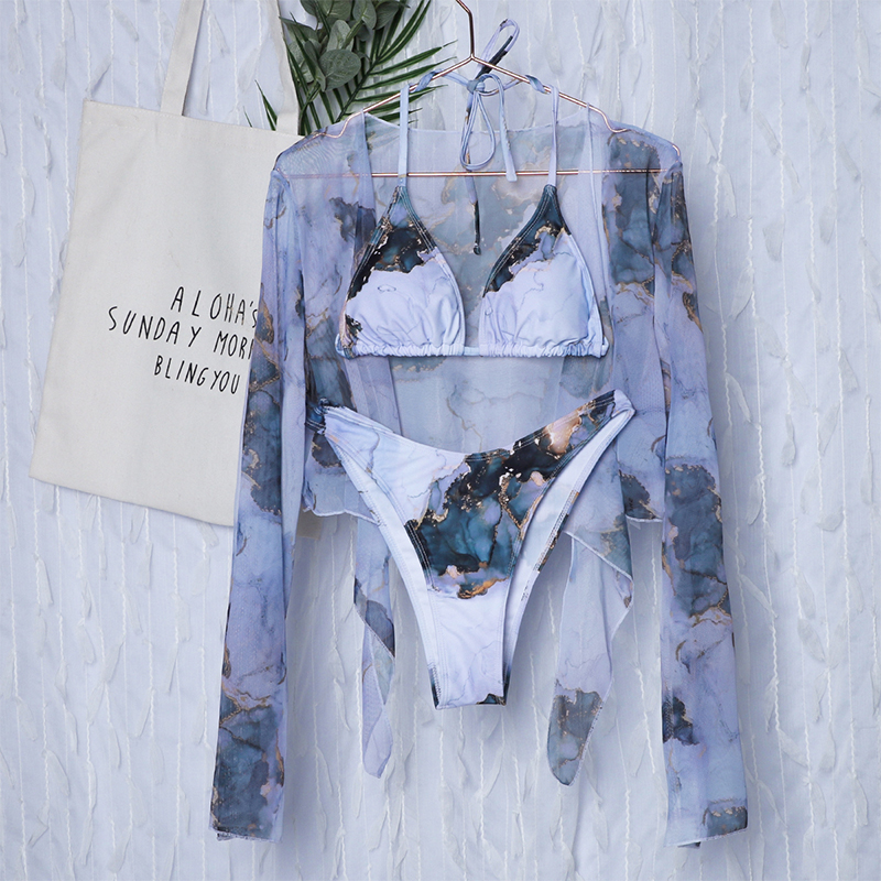 Sexy marble print bikini set 3 piece swimsuit mesh long sleeve swimsuit High cut swimwear women String halter micro bikini Beach wear Bella Mia