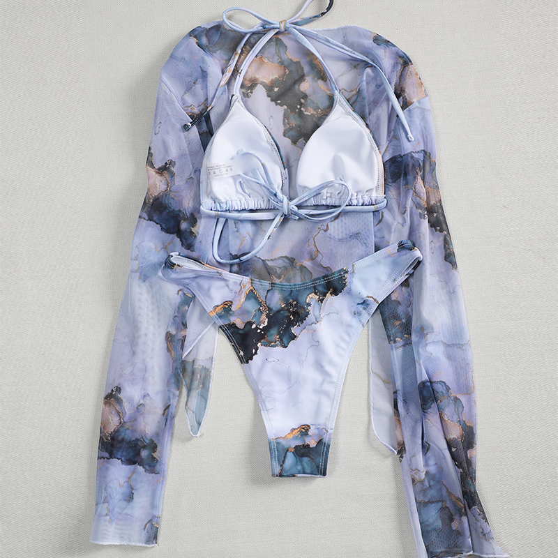 Sexy marble print bikini set 3 piece swimsuit mesh long sleeve swimsuit High cut swimwear women String halter micro bikini Beach wear Bella Mia