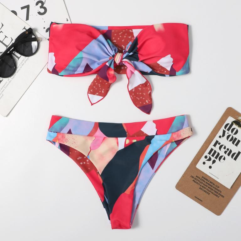 High waist bikini print swimsuit women Knot 2 pieces set Color block swimwear Women Off shoulder bathing suit Vintage Bella Mia