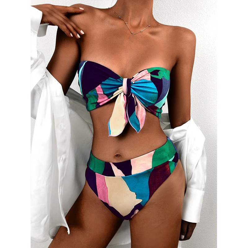 High waist bikini print swimsuit women Knot 2 pieces set Color block swimwear Women Off shoulder bathing suit Vintage Bella Mia