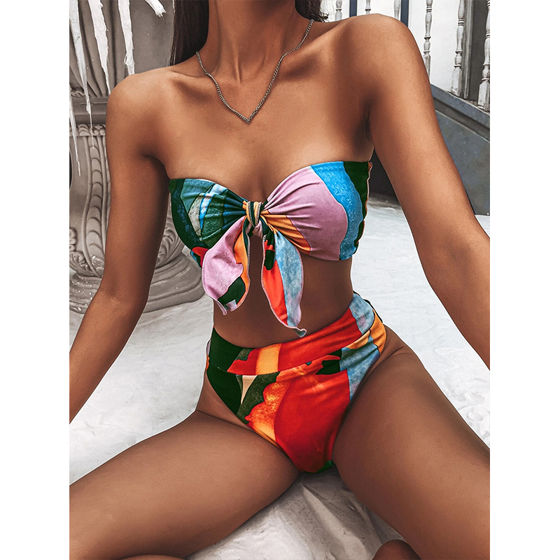 High waist bikini print swimsuit women Knot 2 pieces set Color block swimwear Women Off shoulder bathing suit Vintage Bella Mia