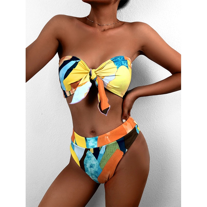 High waist bikini print swimsuit women Knot 2 pieces set Color block swimwear Women Off shoulder bathing suit Vintage Bella Mia