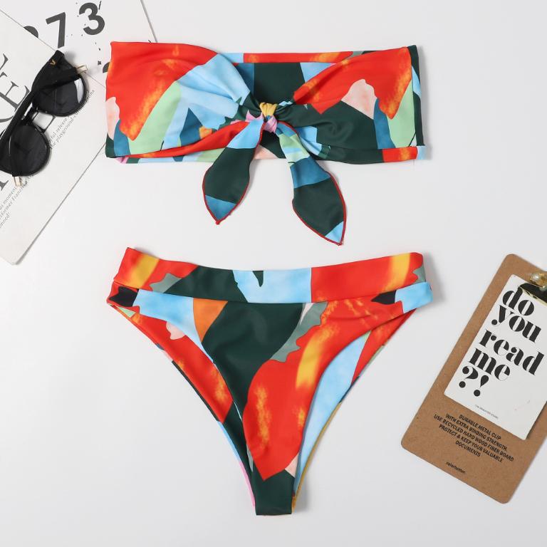 High waist bikini print swimsuit women Knot 2 pieces set Color block swimwear Women Off shoulder bathing suit Vintage Bella Mia
