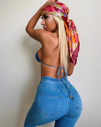 Women Denim Color Matching Lace-up Bikini Push up Sexy Split Swimsuit Suit Bella Mia