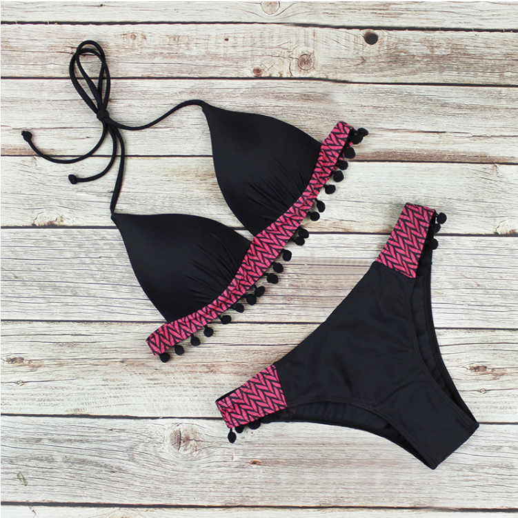 Sexy patchwork tassel swimwear Halter triangle bikini Low waist swimsuit women Black bathing suit Swimming Biquini Bella Mia