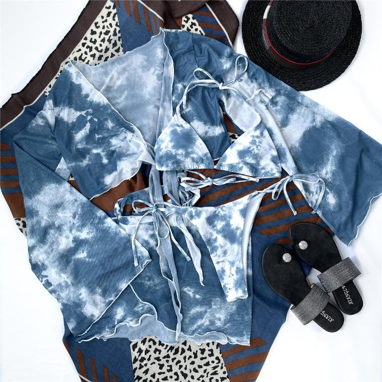 Long Sleeve Tie Dye Bikini Mesh Skirt Swimsuit Women String High Cut Swimwear Triangle Micro Bathing Suit Swimming Bella Mia
