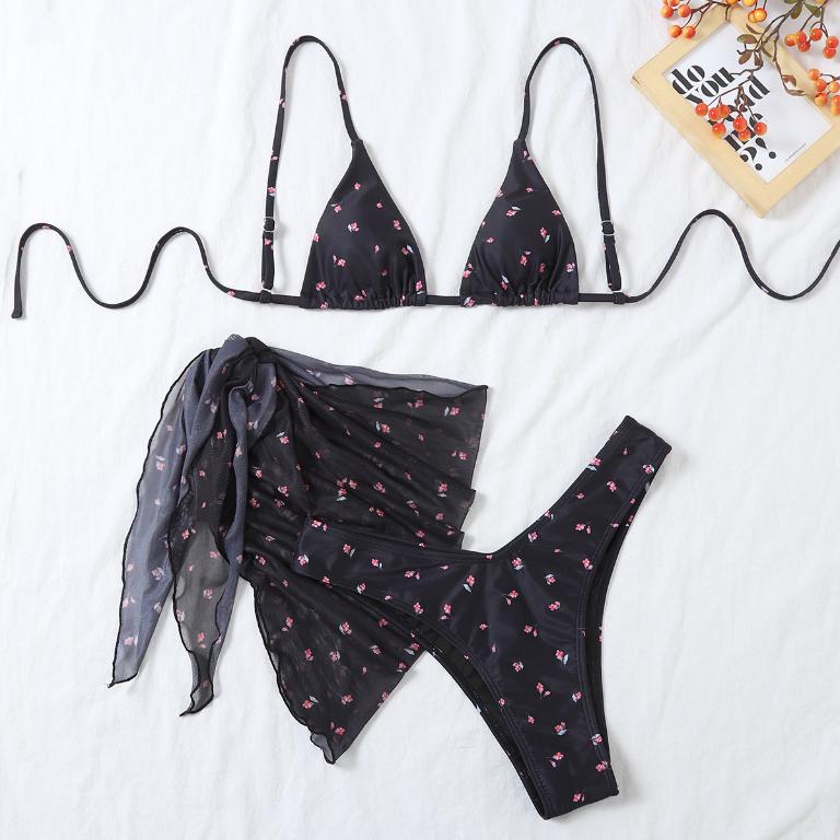 Mesh 3 pieces swimsuit bikini set Floral print swimwear Women Triangle swimsuit women String swimming suit bathing suit Bella Mia