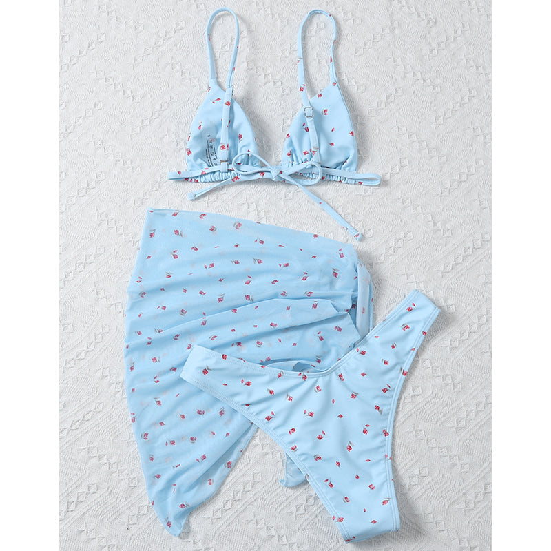 Mesh 3 pieces swimsuit bikini set Floral print swimwear Women Triangle swimsuit women String swimming suit bathing suit Bella Mia