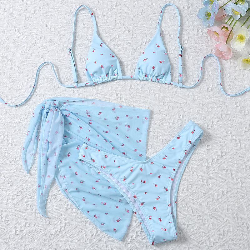 Mesh 3 pieces swimsuit bikini set Floral print swimwear Women Triangle swimsuit women String swimming suit bathing suit Bella Mia