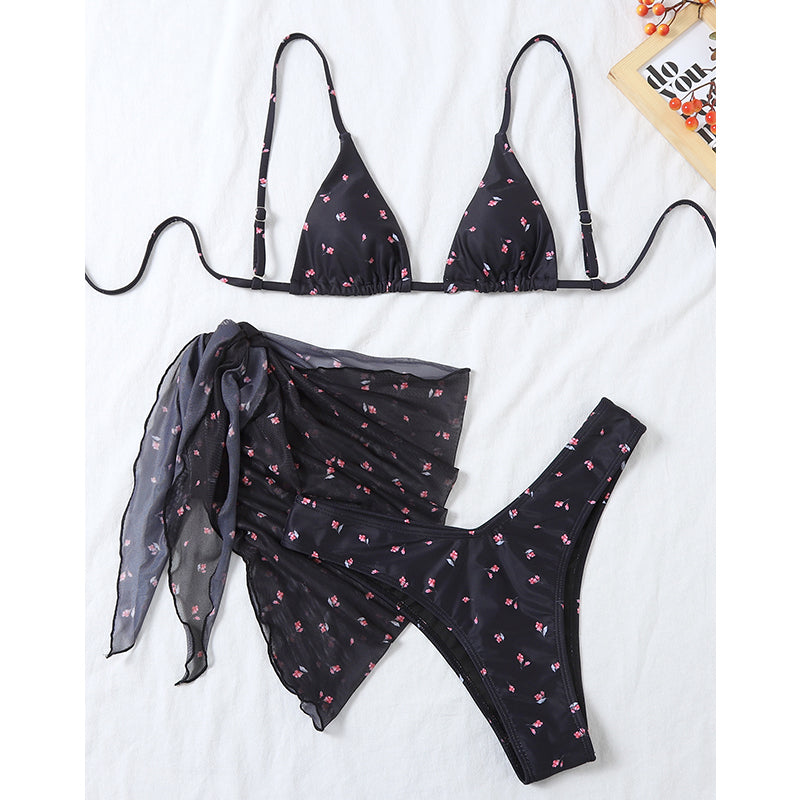 Mesh 3 pieces swimsuit bikini set Floral print swimwear Women Triangle swimsuit women String swimming suit bathing suit Bella Mia