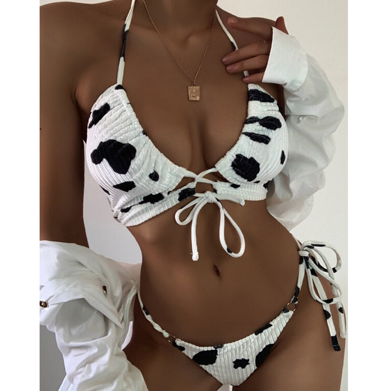 Cow print bikinis mujer Velvet ribbed swimsuit Sexy halter swimwear Women String lace up bathing suit Bathers Bella Mia