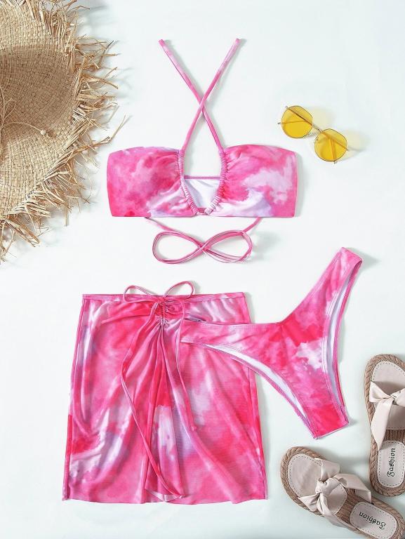 3 pieces mesh skirt swimwear Tie dye bikini Hollow Out Cutout out bandeau swimsuit women swimming suit String bathing suit Beachwear Bella Mia