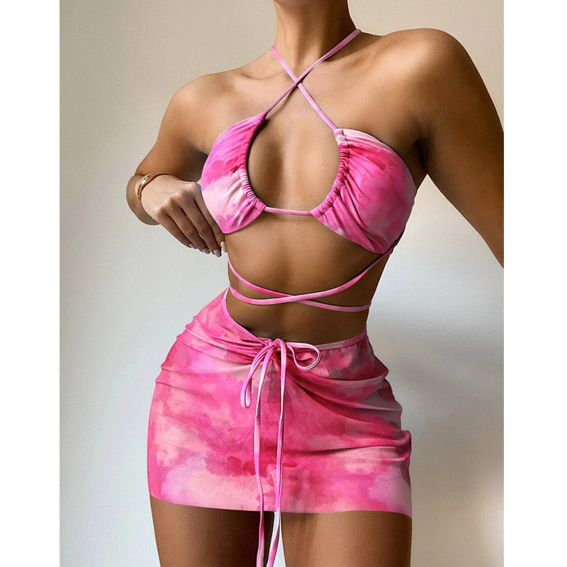 3 pieces mesh skirt swimwear Tie dye bikini Hollow Out Cutout out bandeau swimsuit women swimming suit String bathing suit Beachwear Bella Mia