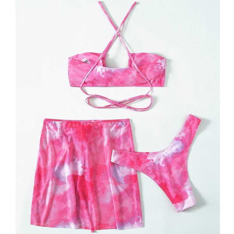 3 pieces mesh skirt swimwear Tie dye bikini Hollow Out Cutout out bandeau swimsuit women swimming suit String bathing suit Beachwear Bella Mia