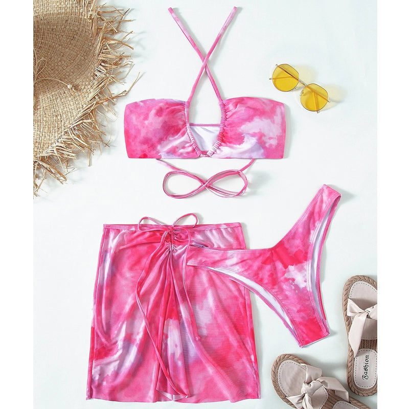 3 pieces mesh skirt swimwear Tie dye bikini Hollow Out Cutout out bandeau swimsuit women swimming suit String bathing suit Beachwear Bella Mia