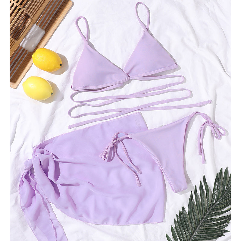Sexy solid triangle bikini set 3 pieces mesh skirt swimsuit women String lace up swimming suit High cut swimwear Women Bella Mia