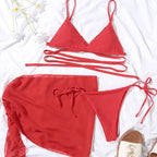 Sexy solid triangle bikini set 3 pieces mesh skirt swimsuit women String lace up swimming suit High cut swimwear Women Bella Mia