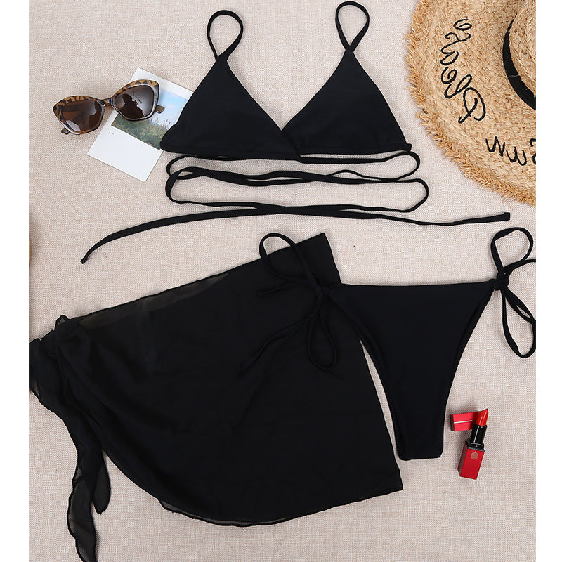 Sexy solid triangle bikini set 3 pieces mesh skirt swimsuit women String lace up swimming suit High cut swimwear Women Bella Mia