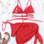 Sexy solid triangle bikini set 3 pieces mesh skirt swimsuit women String lace up swimming suit High cut swimwear Women Bella Mia