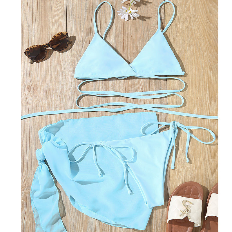 Sexy solid triangle bikini set 3 pieces mesh skirt swimsuit women String lace up swimming suit High cut swimwear Women Bella Mia