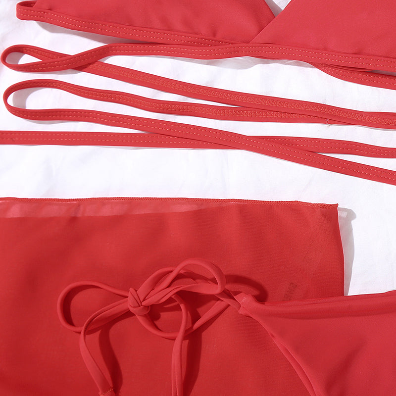 Sexy solid triangle bikini set 3 pieces mesh skirt swimsuit women String lace up swimming suit High cut swimwear Women Bella Mia