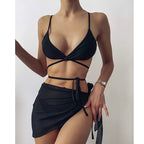 Sexy solid triangle bikini set 3 pieces mesh skirt swimsuit women String lace up swimming suit High cut swimwear Women Bella Mia