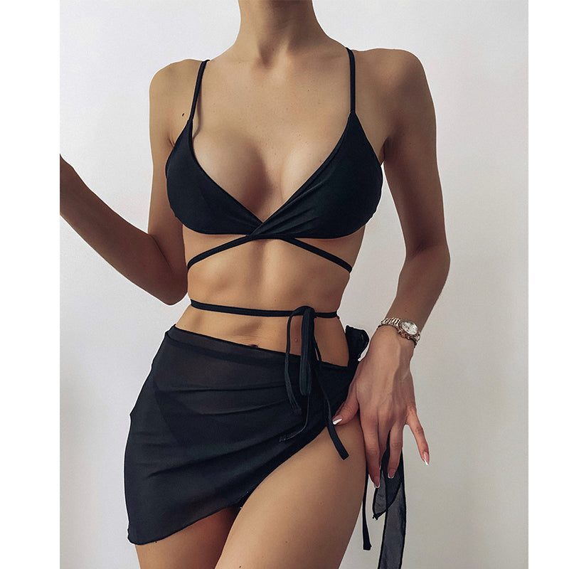 Sexy solid triangle bikini set 3 pieces mesh skirt swimsuit women String lace up swimming suit High cut swimwear Women Bella Mia