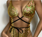 One Piece Swimsuit Women Sexy Backless Sleeveless Faux Leather Lace up Swimsuit Bella Mia