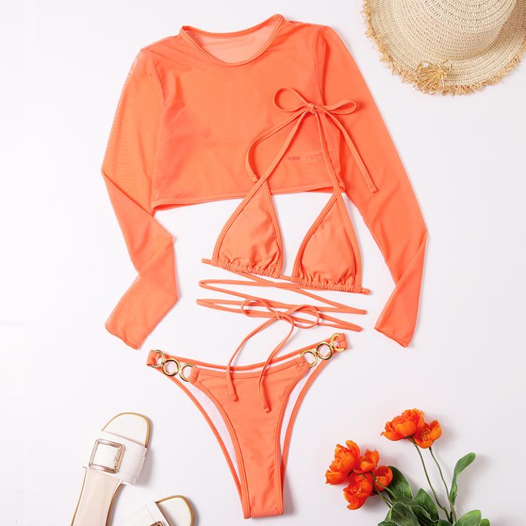 Sexy triangle micro bikini set 3-piece long sleeve swimsuit women High cut swimwear String swimming suit Solid bathing suit Bella Mia
