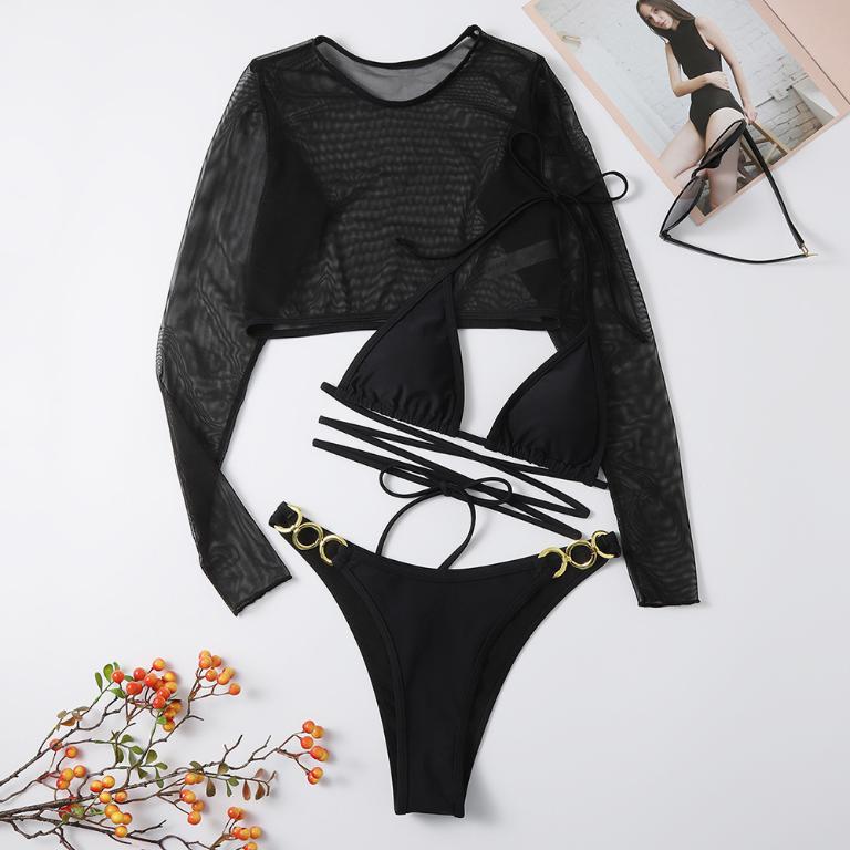 Sexy triangle micro bikini set 3-piece long sleeve swimsuit women High cut swimwear String swimming suit Solid bathing suit Bella Mia