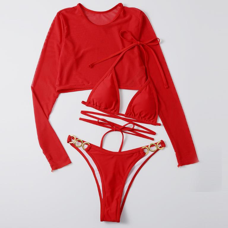 Sexy triangle micro bikini set 3-piece long sleeve swimsuit women High cut swimwear String swimming suit Solid bathing suit Bella Mia