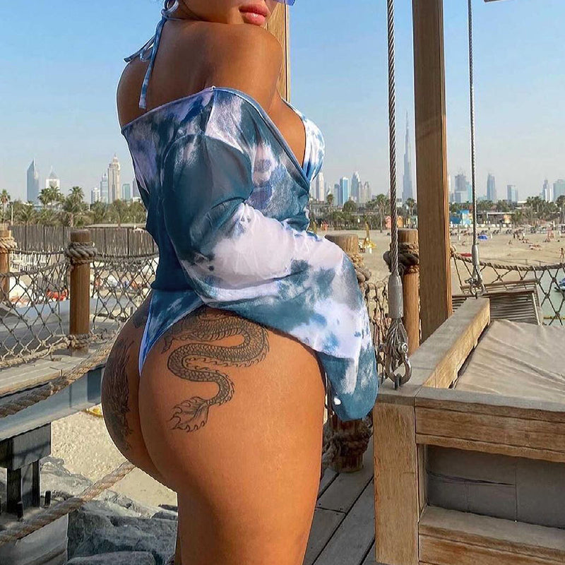 Long Sleeve Tie Dye Bikini Mesh Skirt Swimsuit Women String High Cut Swimwear Triangle Micro Bathing Suit Swimming Bella Mia