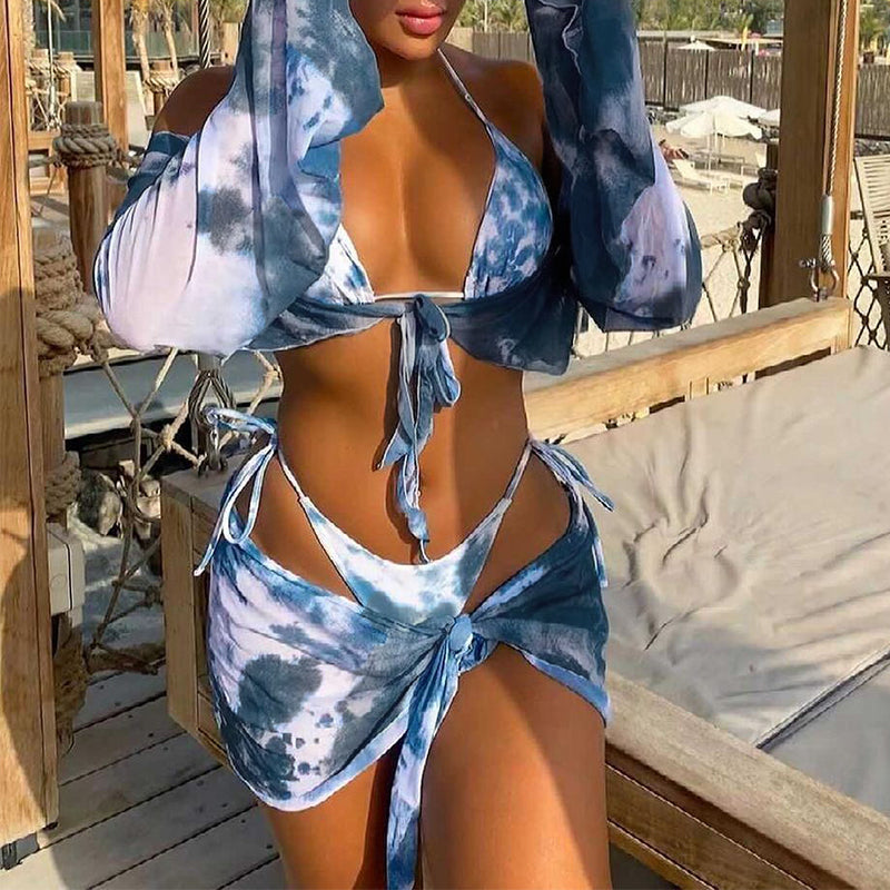 Long Sleeve Tie Dye Bikini Mesh Skirt Swimsuit Women String High Cut Swimwear Triangle Micro Bathing Suit Swimming Bella Mia