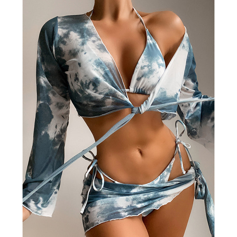 Long Sleeve Tie Dye Bikini Mesh Skirt Swimsuit Women String High Cut Swimwear Triangle Micro Bathing Suit Swimming Bella Mia