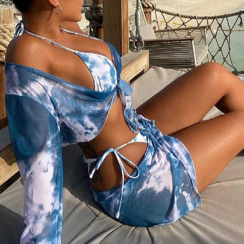 Long Sleeve Tie Dye Bikini Mesh Skirt Swimsuit Women String High Cut Swimwear Triangle Micro Bathing Suit Swimming Bella Mia