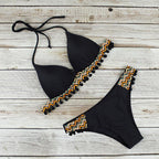 Sexy patchwork tassel swimwear Halter triangle bikini Low waist swimsuit women Black bathing suit Swimming Biquini Bella Mia