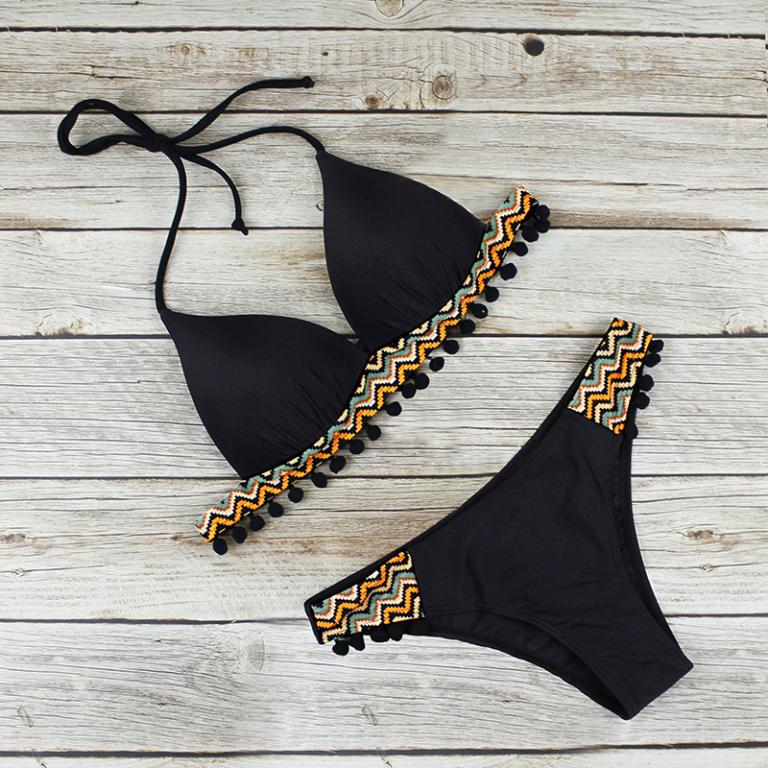 Sexy patchwork tassel swimwear Halter triangle bikini Low waist swimsuit women Black bathing suit Swimming Biquini Bella Mia