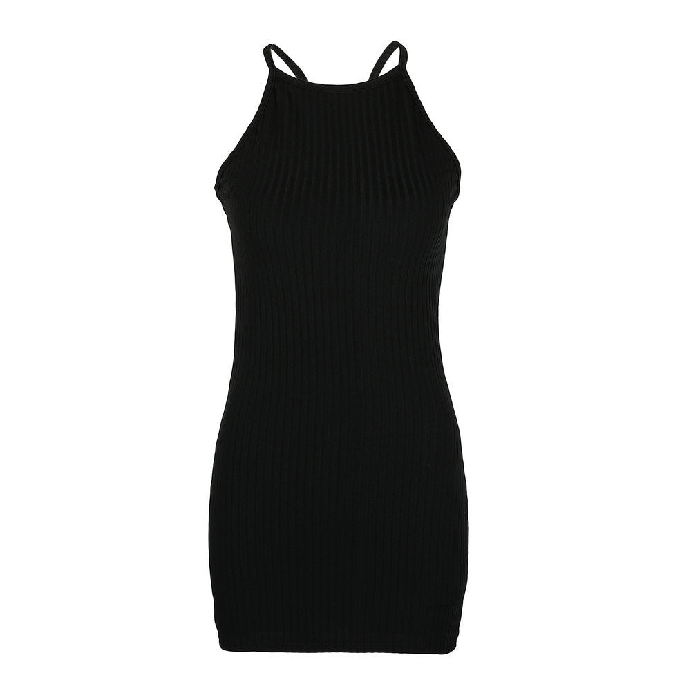 Spring Summer Sexy Rib Small Sling Dress Solid Color Knitted Slimming Commuting