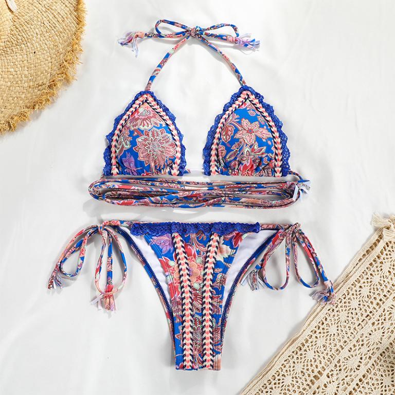 Brazilian Bandage Bikini Floral Print Swimwear Female Triangle Swimsuit Women Swimming Suit Halter Bathing Suit Bella Mia