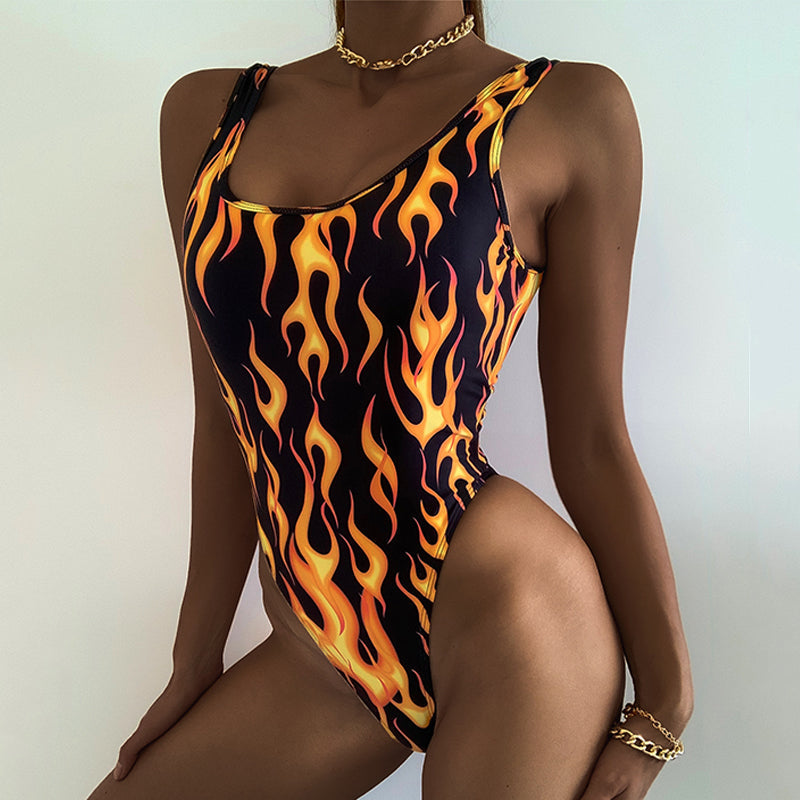 Fire Print Retro Sexy Swimsuit Women High Cut Bodysuit One-Piece Suit Women One Piece Swimsuit Push Up Swimwear Bella Mia